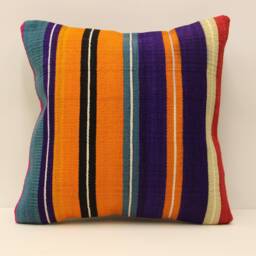 Vintage Turkish Kilim Pillow Cover, Striped Wool Cushion - 18x18 - thumbnail 1