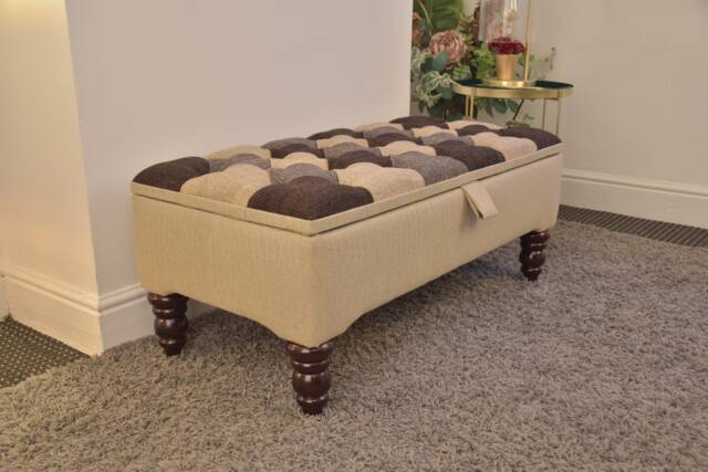 Handmade Tweed Storage Ottoman Bench, Upholstered Footstool With Storage, End Of Bed Custom Wooden Legs, Living Room Furniture - image 1