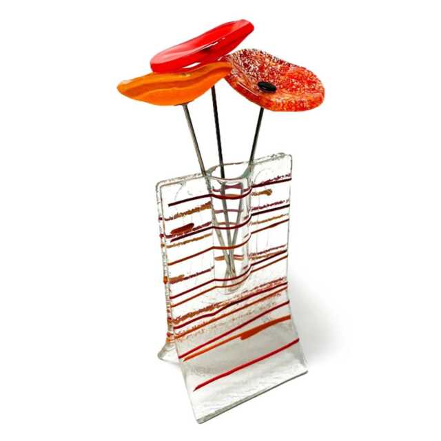 Small Vase With Red & Orange Stripes 3 Glass Flowers - image 1