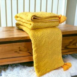 Yellow Chevron Quilted Throw Blanket, Handmade Cotton Kantha - 50x60 Inches - thumbnail 2