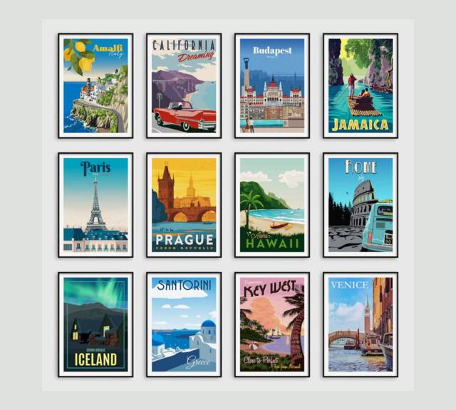 Vintage Travel Posters, Retro Home Boho Wall Art Prints, Tourism Holiday Pictures, Paris, Santorini, Budapest, Miami, Beach - image 1