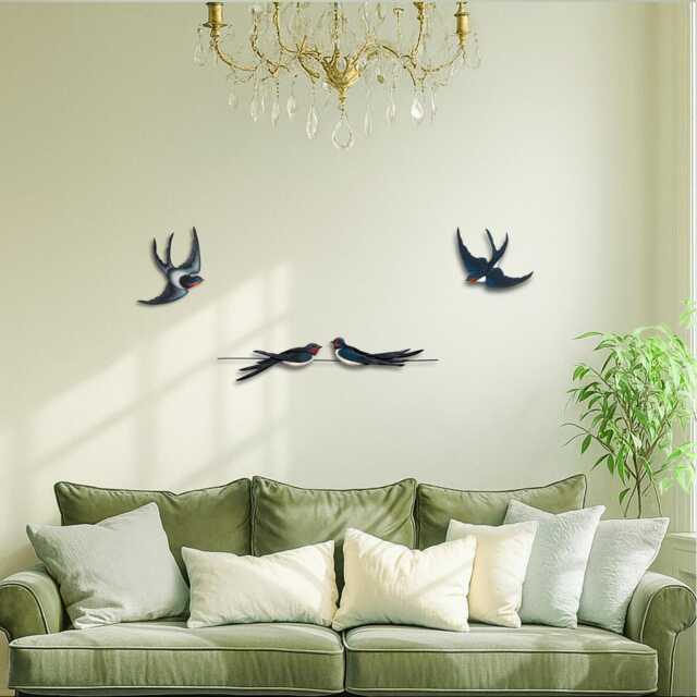Hand Painted Swallows Wall Art Set, Flying & Sitting On Wire Wooden Birds - image 1