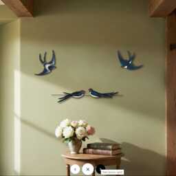 Hand Painted Swallows Wall Art Set, Flying & Sitting On Wire Wooden Birds - thumbnail 2
