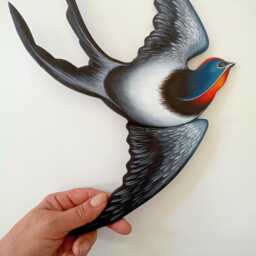 Hand Painted Swallows Wall Art Set, Flying & Sitting On Wire Wooden Birds - thumbnail 3