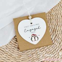 First Christmas Engaged - Keepsake Cute Penguins, Tree Decoration, Ceramic Bauble, Engagement Gift Ornament Style11 - thumbnail 3