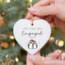 First Christmas Engaged - Keepsake Cute Penguins, Tree Decoration, Ceramic Bauble, Engagement Gift Ornament Style11 - thumbnail 2