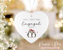 First Christmas Engaged - Keepsake Cute Penguins, Tree Decoration, Ceramic Bauble, Engagement Gift Ornament Style11 - thumbnail 1