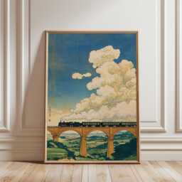 Blue Green Steam Train Poster - Vintage Viaduct Landscape Art Classic Railway Illustration - thumbnail 1