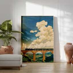 Blue Green Steam Train Poster - Vintage Viaduct Landscape Art Classic Railway Illustration - thumbnail 3