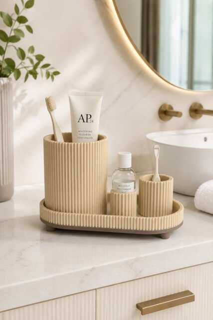 Ribbed Bathroom Organiser Set, Toothbrush Holder, Vanity Storage Tray, Modern Counter Decor - image 1