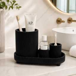 Ribbed Bathroom Organiser Set, Toothbrush Holder, Vanity Storage Tray, Modern Counter Decor - thumbnail 4