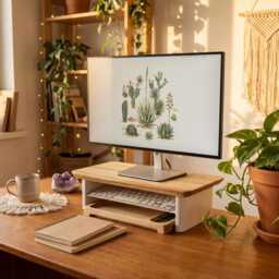 Wood Monitor Stand With Storage - Custom Engraved Desk Shelf Riser For Home Office - thumbnail 2