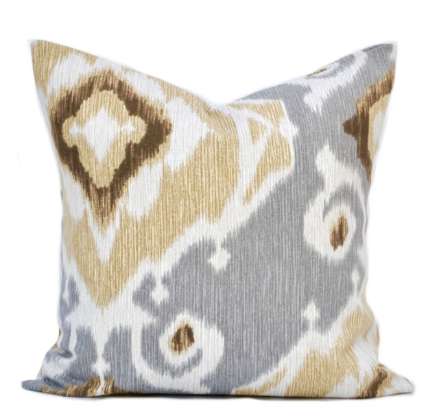 1 Ikat Pillow Cover, Cushion, Decorative Throw Pillow, Tan Accent Grey Case - image 1