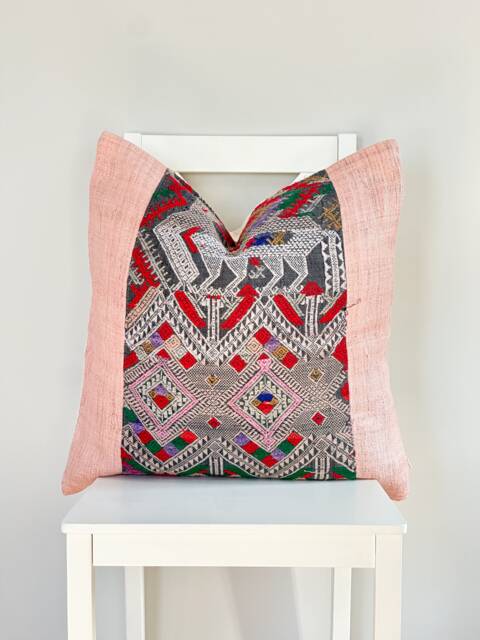 Vintage Embroidered Silk Textile Ethnic Piece Of Tradition Costume Pillow Cover - image 1