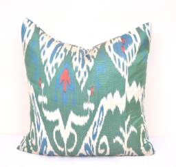 Handmade Silk Cotton Ikat Pillow Cover, Dark Cyan Cushion - 20x20 In - thumbnail 1
