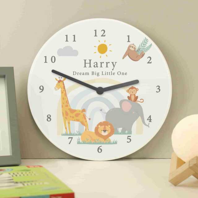 Personalised Safari Animals Wooden Nursery Clock - Decor Gift - image 1