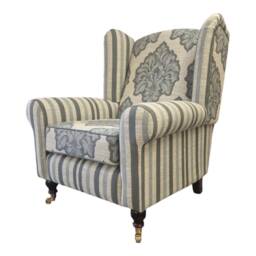 Luxury Wing Back Cottage Fireside Chair Blue Flower & Stripe Mix Fabric - thumbnail 3