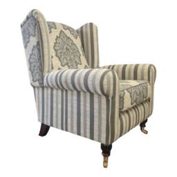 Luxury Wing Back Cottage Fireside Chair Blue Flower & Stripe Mix Fabric - thumbnail 4
