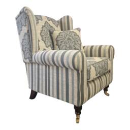 Luxury Wing Back Cottage Fireside Chair Blue Flower & Stripe Mix Fabric