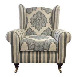 Luxury Wing Back Cottage Fireside Chair Blue Flower & Stripe Mix Fabric - thumbnail 2