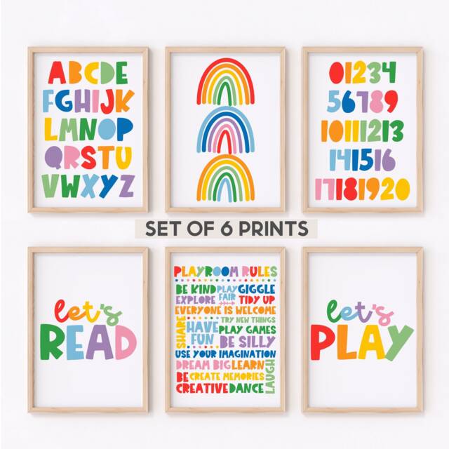 Playroom Print Set - Six Rainbow Prints Decor Posters Art Play Area Corner Unframed - image 1