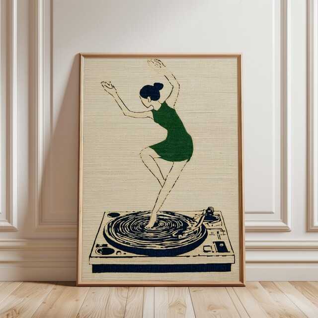 Green Dance Illustration Poster - Vinyl Turntable Music Art Minimal Figure Print - image 1