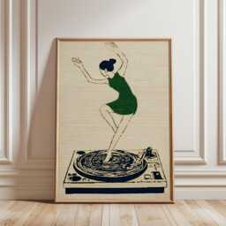 Green Dance Illustration Poster - Vinyl Turntable Music Art Minimal Figure Print - thumbnail 1