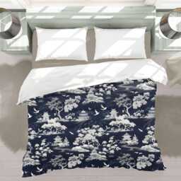 Dark Blue Chinoiserie Comforter , Navy Bedding, Indigo Maximalist Oriental Moody Elegant #097 - thumbnail 3