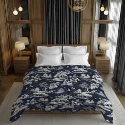 Dark Navy Chinoiserie Comforter With Indigo Botanical Ornament For Traditional Eclectic Bedrooms #097