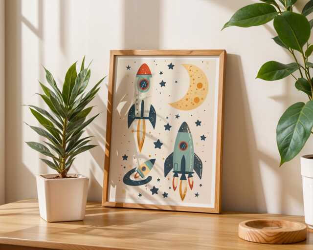 Space Rocket Nursery Print Moon & Stars Wall Art - image 1