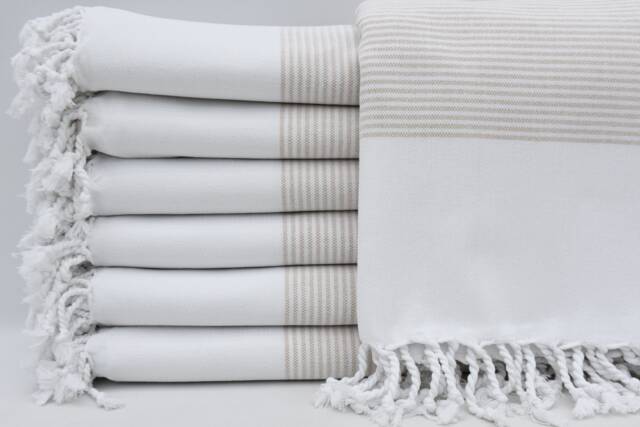 "Beige Striped Peshtemal, Pool Towel, Turkish Towel, 40""x70" - image 1