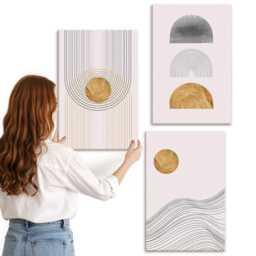 3 Piece Canvas Set - Shapes & Lines in Shades Of Beige Gray, Creamy Print, Abstract Wall Decor - thumbnail 3