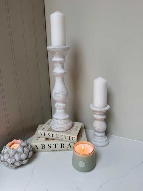 Handcrafted Whitewashed Stone Pillar Candle Stick Stand Holder Rustic Farmhouse Neutral Home Decor - image 1