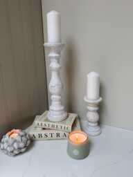 Handcrafted Whitewashed Stone Pillar Candle Stick Stand Holder Rustic Farmhouse Neutral Home Decor - thumbnail 1