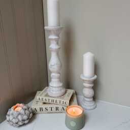 Handcrafted Whitewashed Stone Pillar Candle Stick Stand Holder Rustic Farmhouse Neutral Home Decor - thumbnail 3