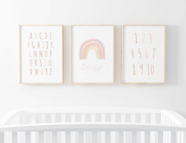 Neutral Rainbow Alphabet Prints, Personalised Name, Numbers Baby Girl, Nursery Girls Bedroom, Kids Wall Art - image 1