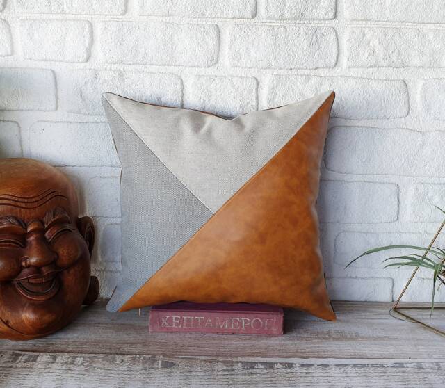 Triangle Faux Leather Pillow Cover Modern Diagonal Design - image 1