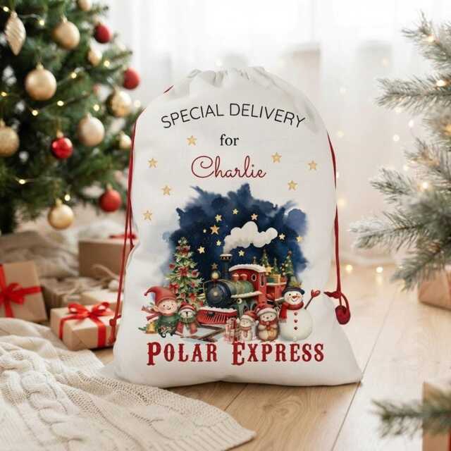 Personalised Magic Train Christmas Santa Sack, Linen Bag, Ceramic Bauble - image 1