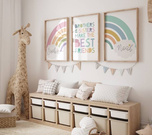 Set Of 3 Brother Sister Prints, Sibling Playroom, Wall Art, Pastel Colours, Rainbow Bedroom Decor, Shared - image 1