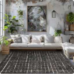Hand Tufted Black Checkered Moroccan Rug, Shag Custom Made Carpet, Large Area Berber Rug - thumbnail 4