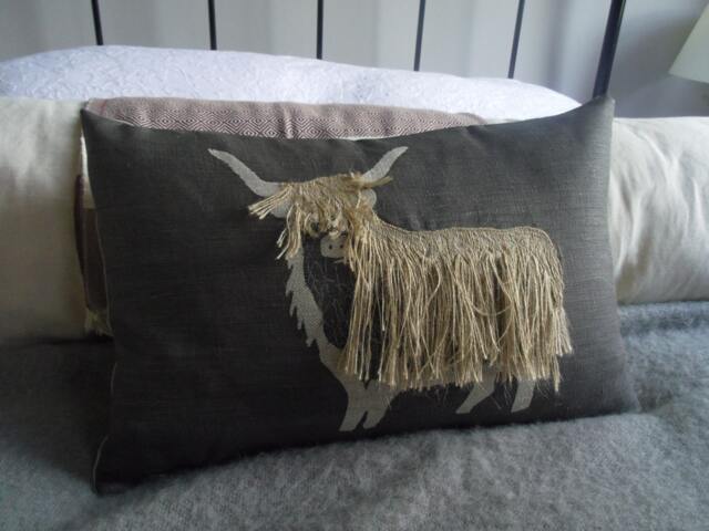 Hand Printed Charcoal Linen Appliqu??d Shaggy Highland Cow Cushion Cover - image 1