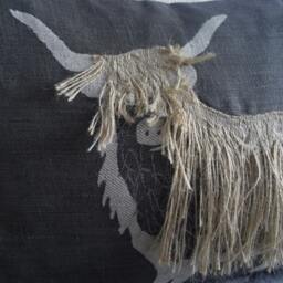 Hand Printed Charcoal Linen Appliqu??d Shaggy Highland Cow Cushion Cover - thumbnail 2