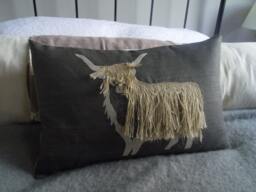 Hand Printed Charcoal Linen Appliqu??d Shaggy Highland Cow Cushion Cover - thumbnail 1