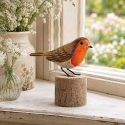 Robin Wooden Ornament, Hand Carved Figure - Bird Watcher Gift Garden Figurine Cheeky Red-Breast On Log - thumbnail 2