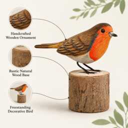 Robin Wooden Ornament, Hand Carved Figure - Bird Watcher Gift Garden Figurine Cheeky Red-Breast On Log - thumbnail 4