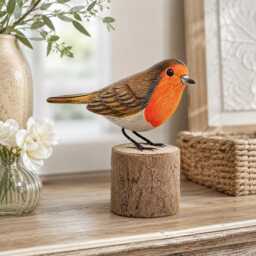 Robin Wooden Ornament, Hand Carved Figure - Bird Watcher Gift Garden Figurine Cheeky Red-Breast On Log