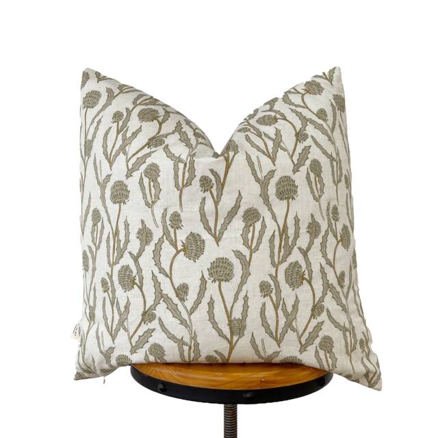 Floral Pillow Cover Olive Green Linen Blend Designer Fabric - image 1
