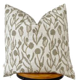 Floral Pillow Cover Olive Green Linen Blend Designer Fabric - thumbnail 2