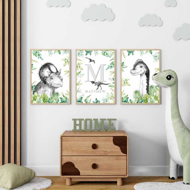 Dinosaur Nursery Prints Set Of 3 Green & Grey Dino Wall Art - image 1