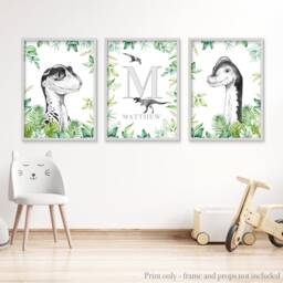 Dinosaur Nursery Prints Set Of 3 Green & Grey Dino Wall Art - thumbnail 3